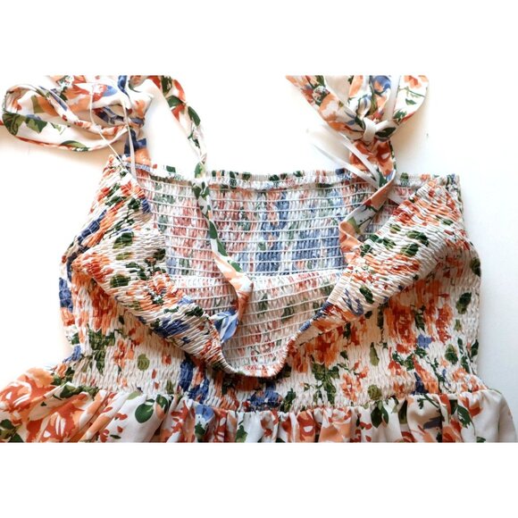 Floral Smocked Midi Sundress Tie Straps Cottagecore Summer Boho Chic - Picture 3 of 7
